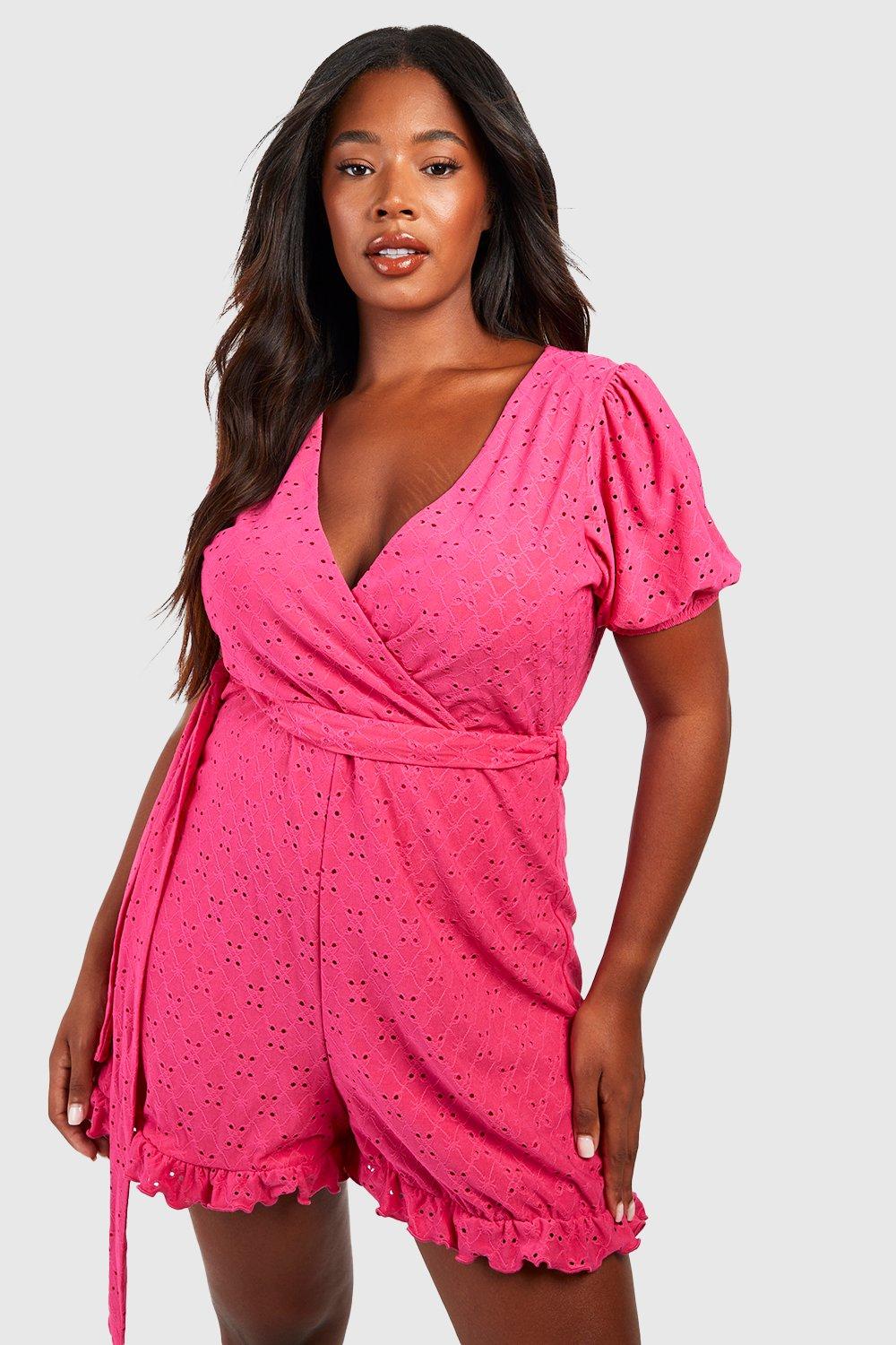 Women s Plus Jersey Broderie Wrap Tie Belt Playsuit Boohoo UK